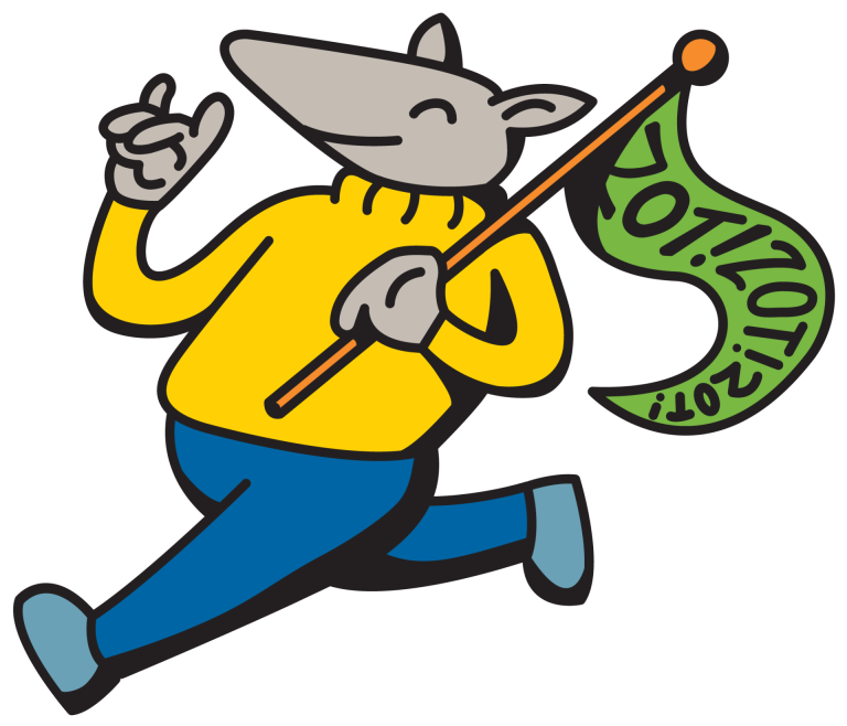 anteater walking and making zot handsign with zot zot zot flag